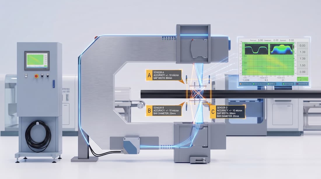 Industrial laser thickness gauge setup with C-frame sensors measuring metal sheet